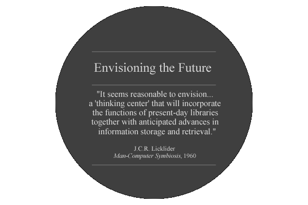 title: Envisioning the Future. quote: "It seems reasonable to envision...a 'thinking center' that will incorporate the functions of present-day libraries together with anticipated advances in information storage and retrieval." J.C.R. Licklider